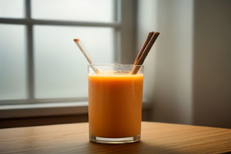 A tall glass of pale orange pumpkin smoothie dusted with cinnamon, beside a small pumpkin and cinnamon sticks in soft daylight