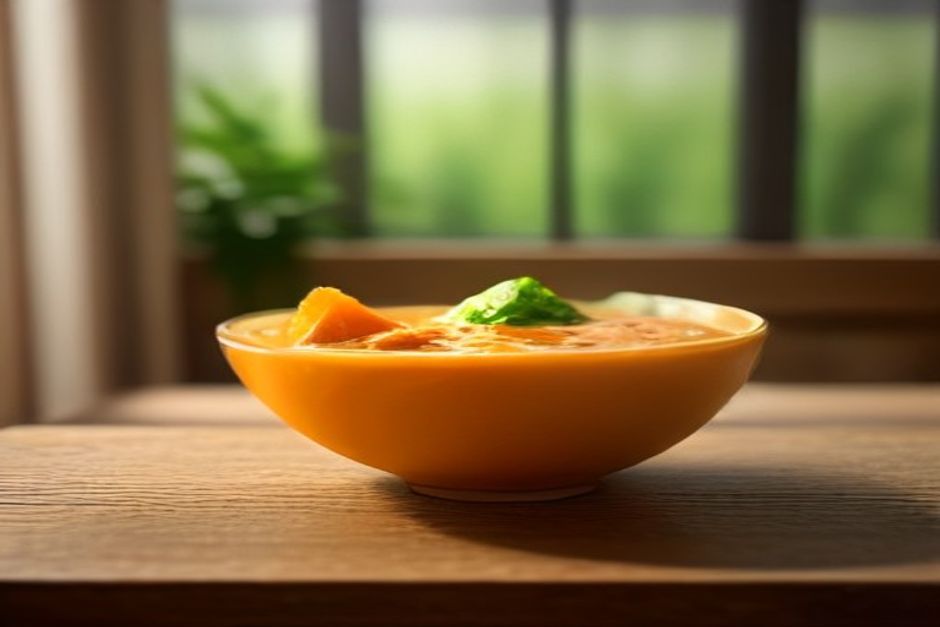 A ceramic bowl of thick red lentil soup with a lemon wedge and parsley on a rustic wooden table