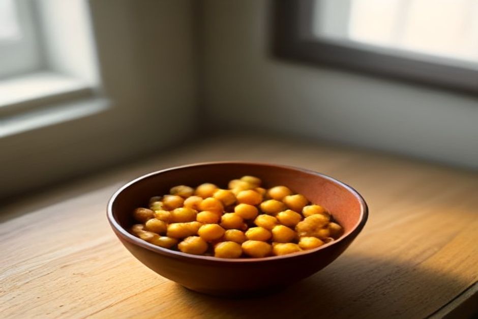 A small ceramic bowl of golden roasted chickpeas with smoked paprika on a wooden table, natural window light