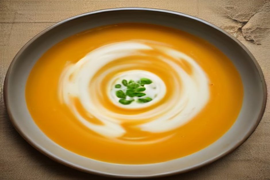 A bowl of orange roasted squash soup with a swirl of yogurt and toasted pumpkin seeds on linen cloth in soft autumn light