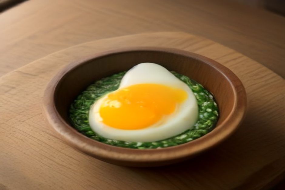 Bowl of savory oatmeal topped with wilted spinach and a soft-boiled egg on a wooden table, morning light