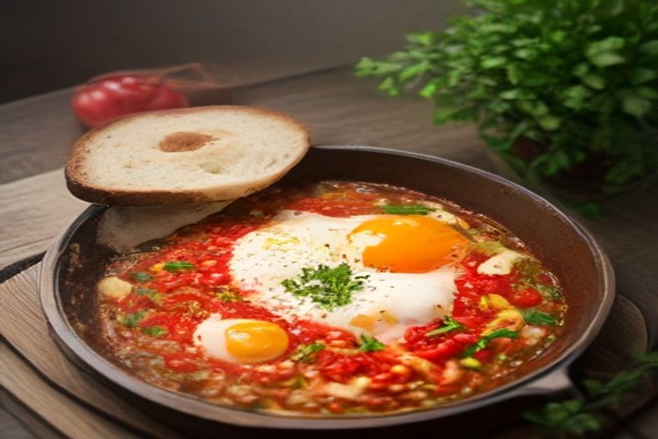 A pan of shakshuka with eggs poached in rich red tomato sauce, sprinkled with herbs, on a rustic wooden table
