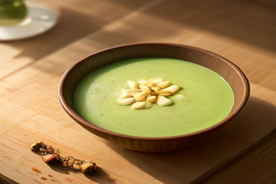 A green smoothie bowl in a ceramic dish topped with sliced banana, seeds, and berries on a wooden table in morning light