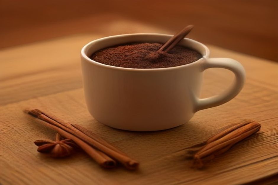A ceramic mug of dark hot cacao dusted with cinnamon, beside a cinnamon stick, dried chili, and cacao nibs on a wooden table in warm evening light