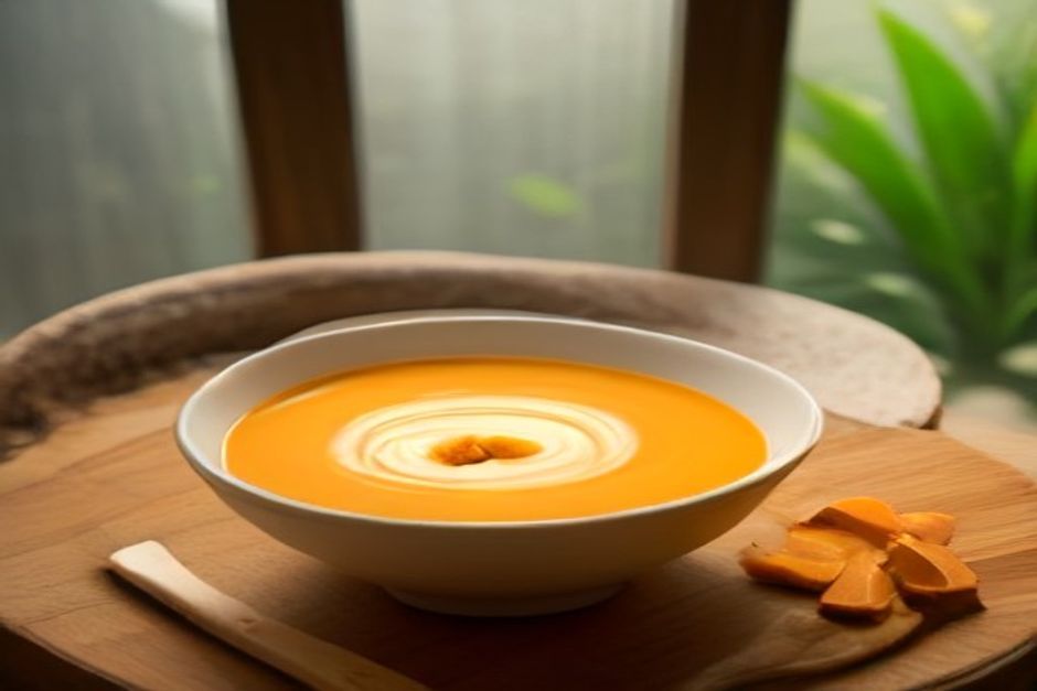 A bowl of smooth orange sweet potato ginger soup with a swirl of coconut milk on a wooden table