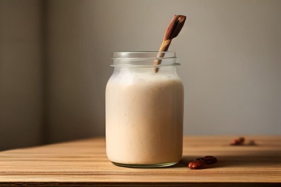 Tall glass of creamy tahini-date smoothie beside medjool dates and a small jar of tahini in soft daylight