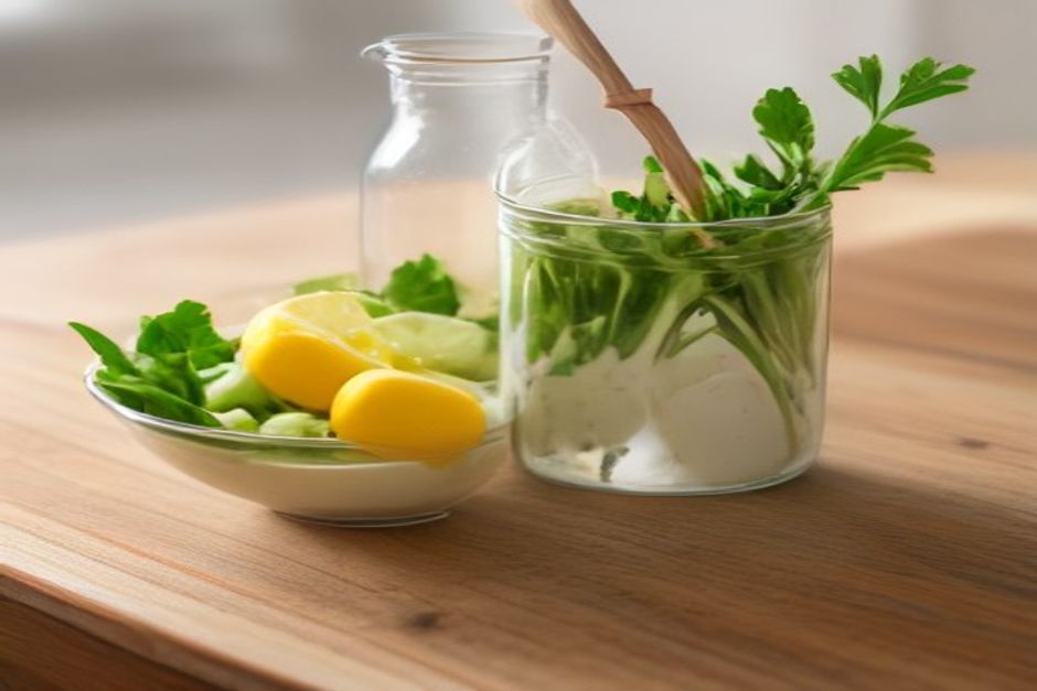 A glass jar of creamy pale tahini dressing beside a lemon, garlic cloves, and a bowl of salad greens