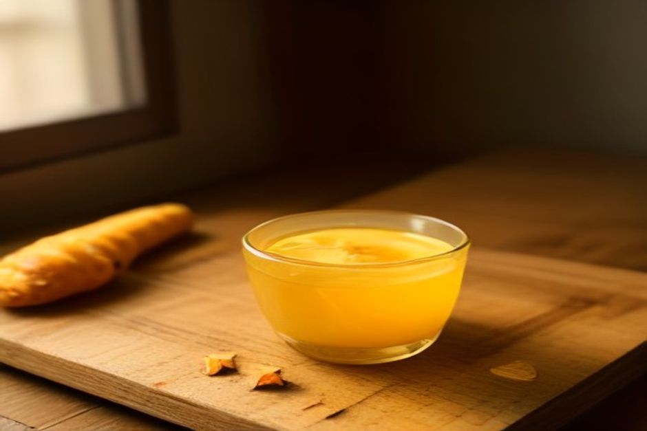 Glass mug of golden turmeric ginger tea with fresh ginger slices on a wooden table