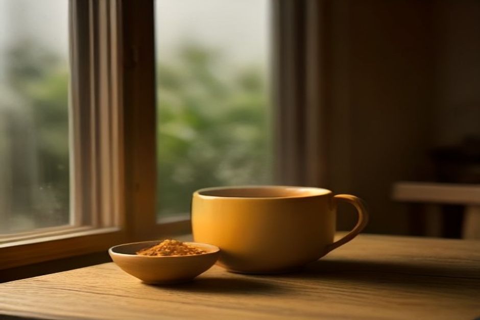 A steaming mug of golden turmeric milk on a wooden table next to turmeric powder and fresh ginger