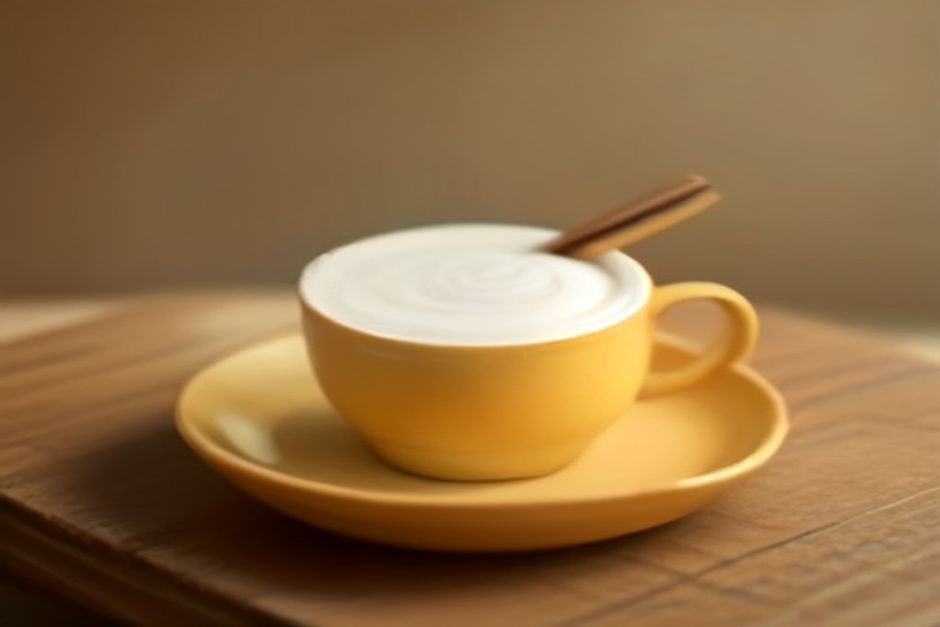 A golden turmeric latte with milk foam in a ceramic cup on a wooden table, scattered turmeric powder, soft light