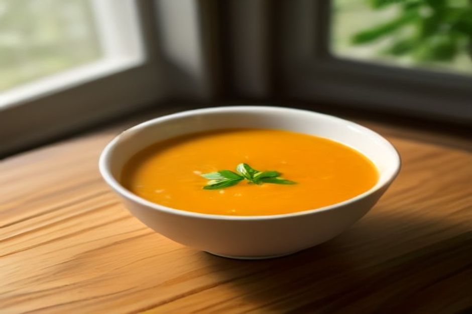 A bowl of golden-yellow turmeric lentil soup with a swirl of lemon and herbs on a rustic wooden table in warm light