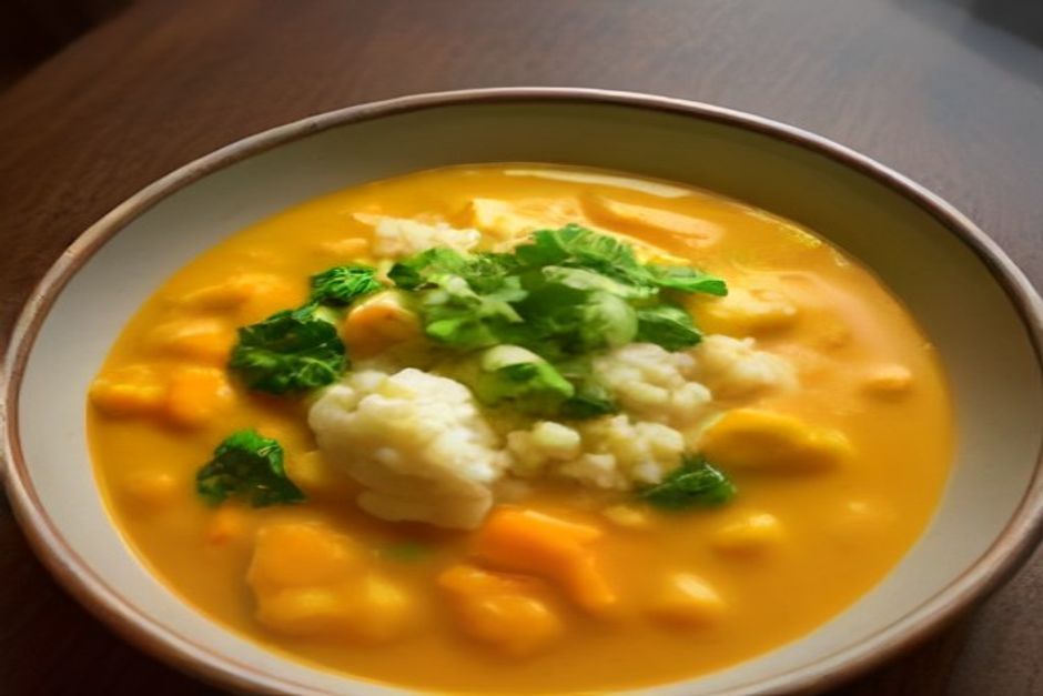 A rustic bowl of creamy orange vegetable curry with cauliflower, carrots and spinach over rice, garnished with cilantro, on a wooden table