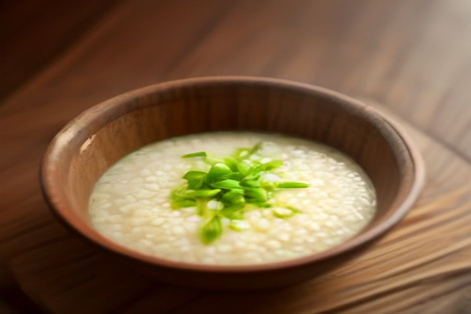 A steaming bowl of rice congee topped with sliced scallions and ginger on a wooden table in soft daylight