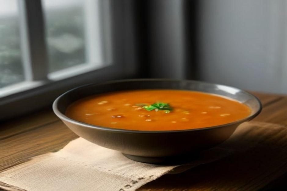 A steaming bowl of orange lentil and root vegetable soup on a dark wooden table beside a folded linen napkin, soft winter window light