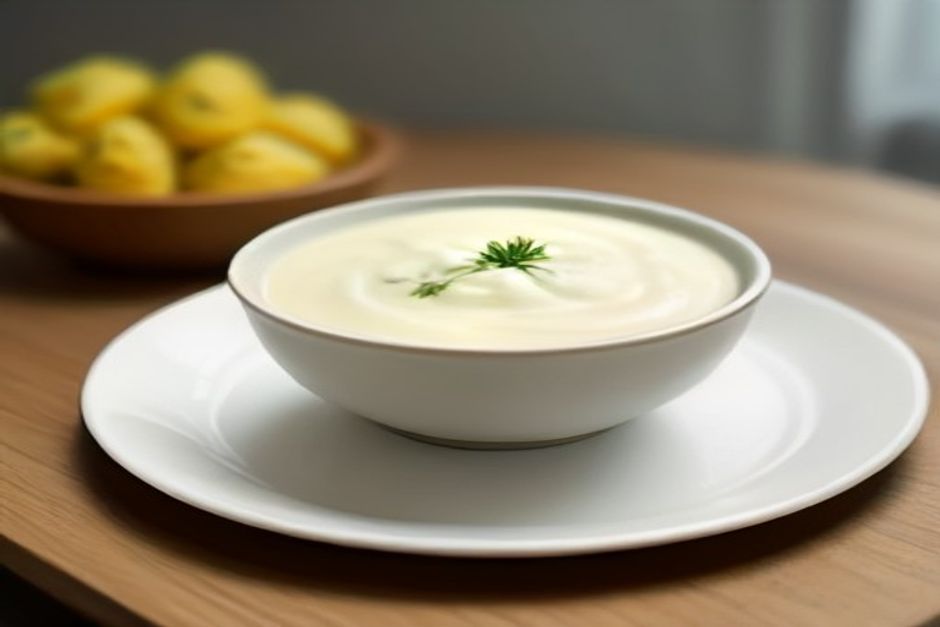 Golden zucchini fritters stacked on a ceramic plate with a small bowl of white yogurt sauce and fresh dill, natural kitchen light