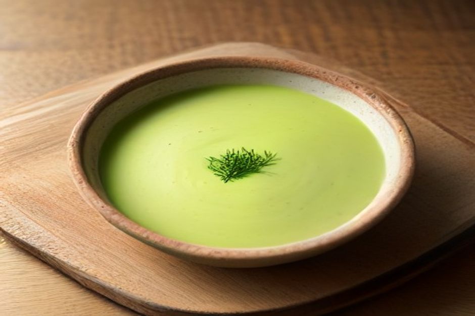 A bowl of pale green zucchini soup garnished with fresh dill and a lemon slice on a rustic wooden table in soft daylight