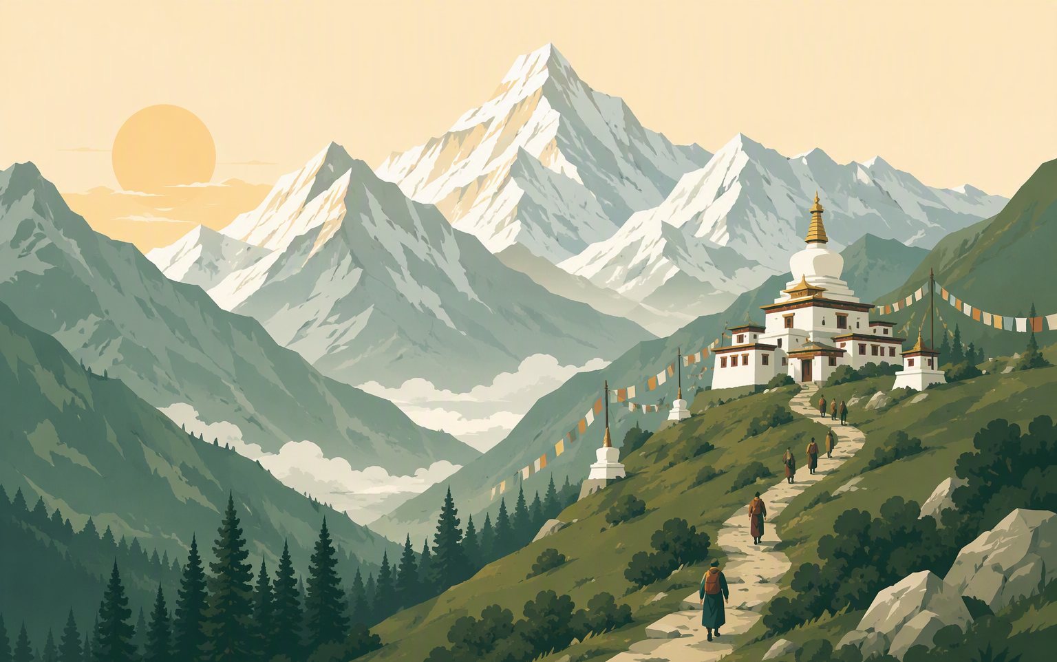 Himalayan monastery beneath snow peaks