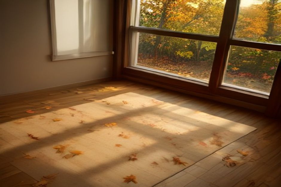 A yoga mat on a wooden floor scattered with a few autumn leaves, warm low evening light through a window