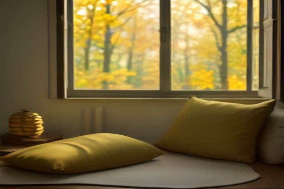 Yoga mat and cushion by a window with golden autumn leaves outside, warm late-afternoon light