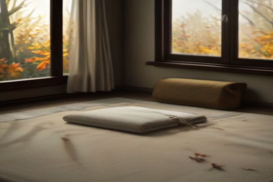 A yoga mat and folded wool blanket beside a window with autumn leaves outside, golden afternoon light