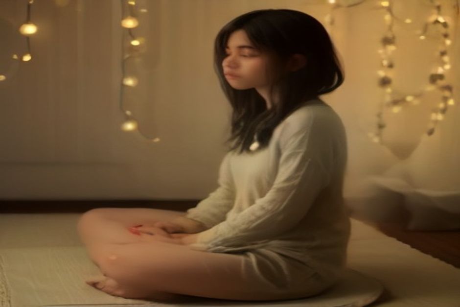 A person seated cross-legged on a mat in a quiet room, soft string lights blurred in the background