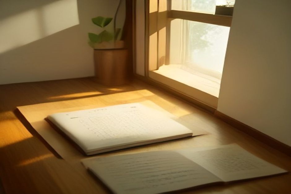 A yoga mat and an open notebook with a pen on a wooden floor in warm late-afternoon light, a glass of water nearby