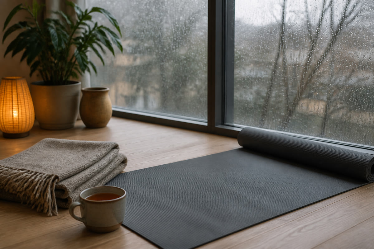 A rolled-out yoga mat beside a rain-streaked window on a grey winter morning, a folded wool blanket and warm tea nearby