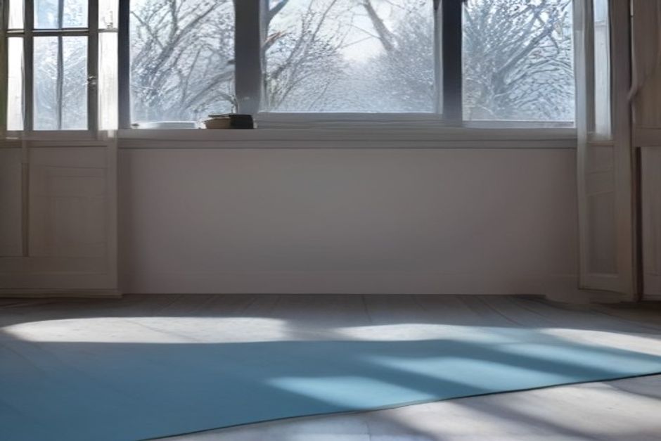 A yoga mat rolled out near a window overlooking a frost-covered garden in early morning light, warm interior, cool blue outdoors