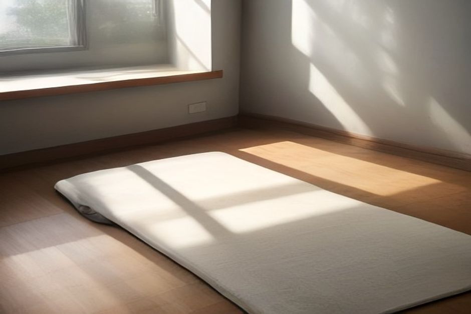 A yoga mat unrolled near an open window in early morning light, a glass of water and a folded cotton blanket beside it, heat haze outside