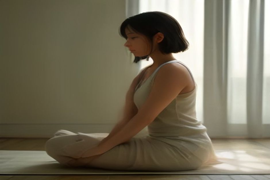A person practicing a gentle seated yoga pose on a mat near an open window in soft early morning light