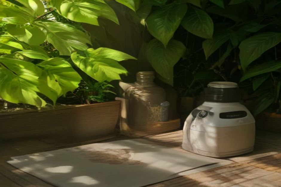 A yoga mat in a shaded garden at golden hour with a water bottle beside it, warm late-summer light