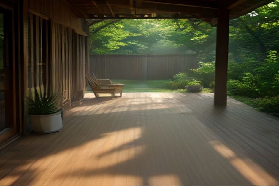 A yoga mat unrolled on a wooden porch in soft golden early-morning light with mist over a garden