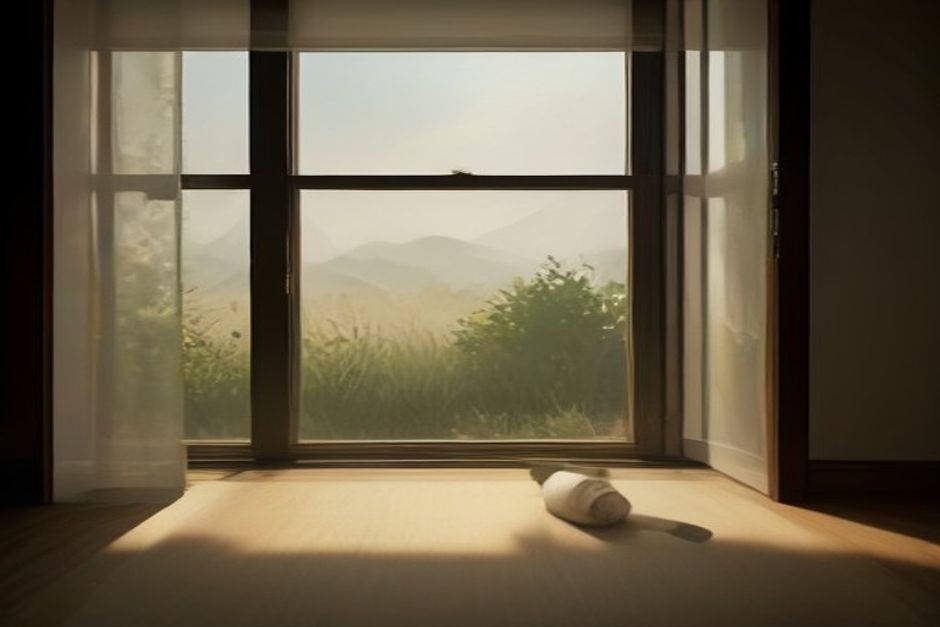 A yoga mat by an open window in golden late-afternoon light, with dry summer grass visible outside