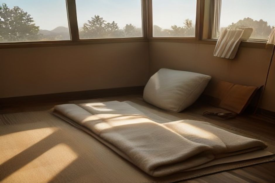 A yoga mat unrolled near an open window at golden hour, dry grass and soft warm light outside, a folded blanket beside it