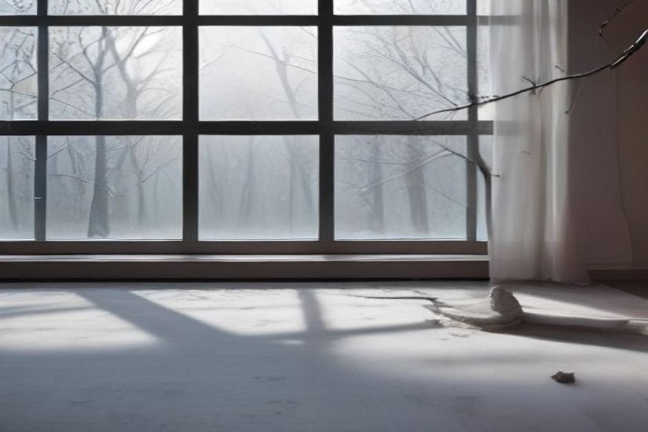A yoga mat by a window with melting snow and bare branches outside, pale spring light