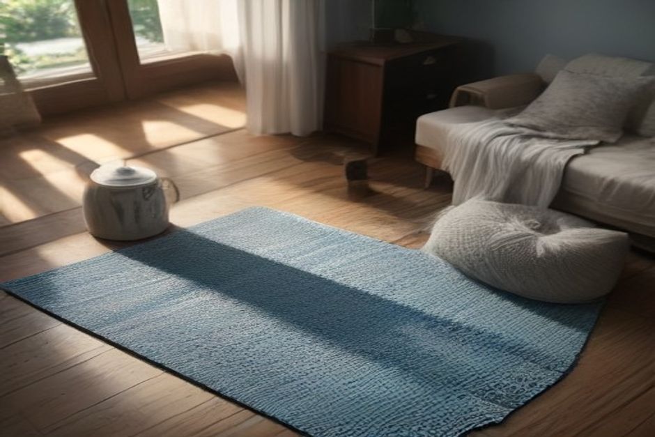 A yoga mat unrolled on a wooden floor in dim blue morning light, a folded wool blanket and a warm mug of tea beside it
