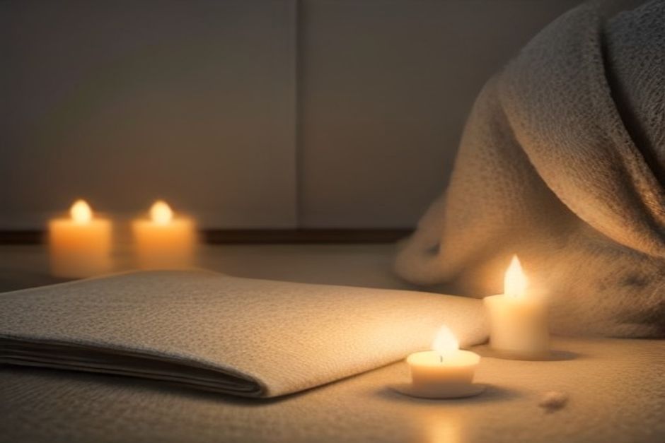 A candle, a folded blanket, and a yoga mat in a dim quiet room on a winter evening