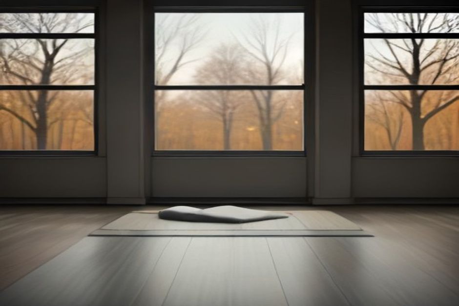 A rolled-out yoga mat beside a window with bare gray trees outside and warm lamplight indoors
