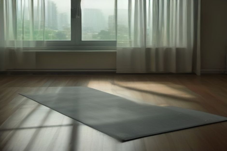A yoga mat unrolled beside a rain-streaked window in a dim, cozy room