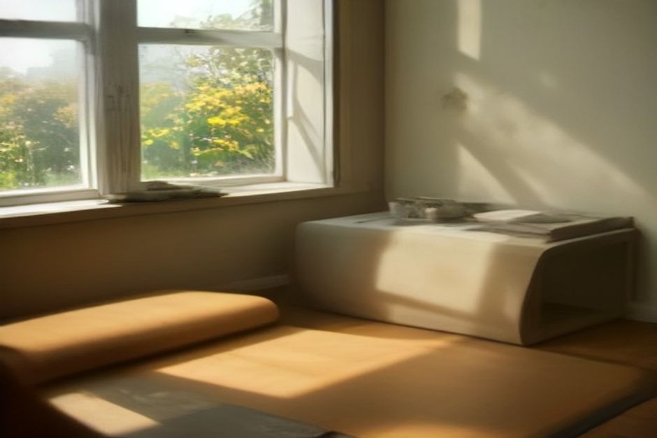 A yoga mat by an open window in early autumn light with a wall calendar showing September and a mug of tea on the windowsill