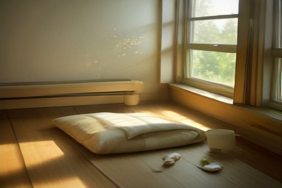 A yoga mat by an open window with early autumn light and a cup of tea beside it