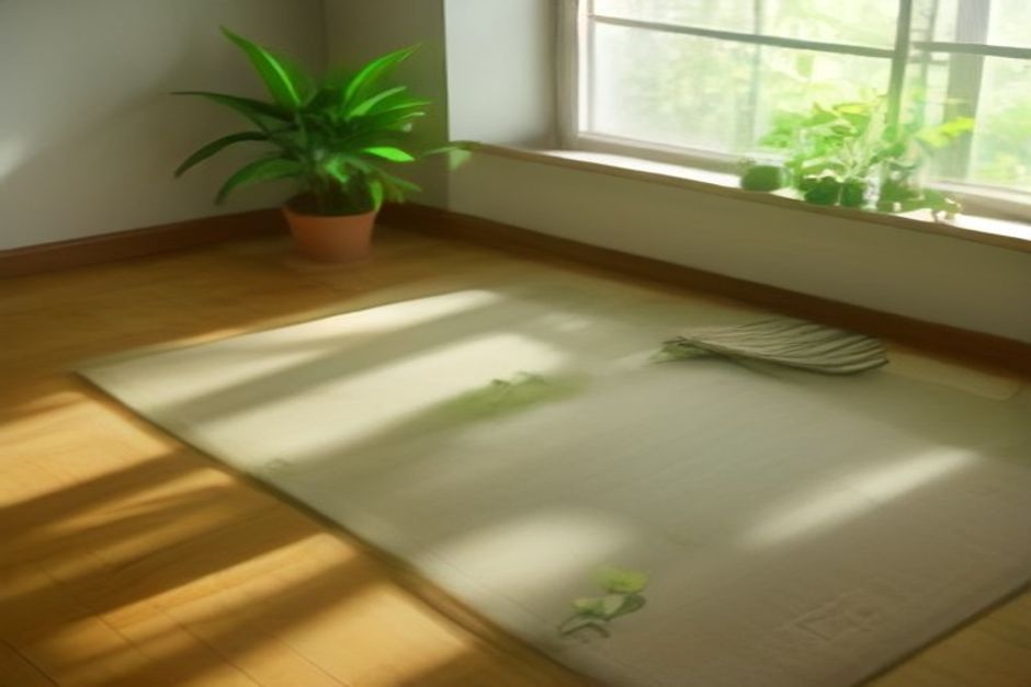 A yoga mat on a wooden floor beside an open window with green spring leaves outside, bright morning sunlight