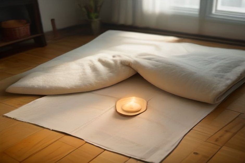 A rolled-out yoga mat beside a lit candle and a wool blanket on a wooden floor, dim warm evening light