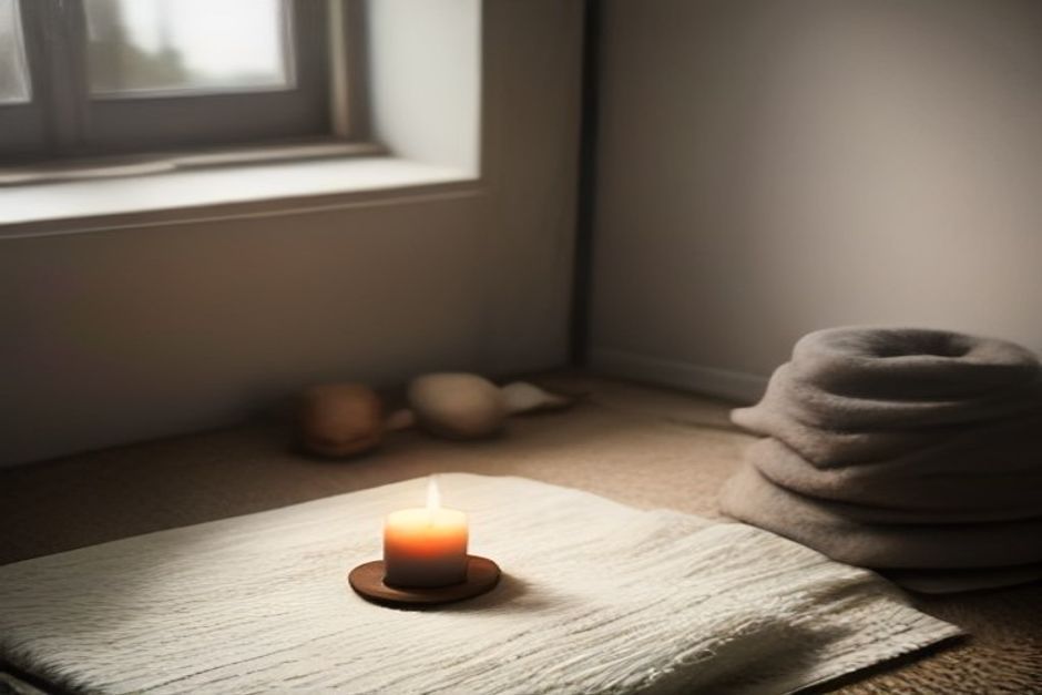 A single lit candle beside a folded wool blanket on a yoga mat in a dim room at dusk