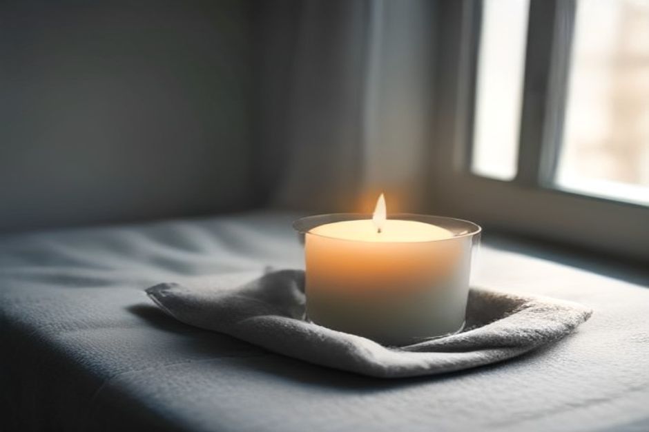A single lit candle on a windowsill beside a folded yoga blanket, dusk light through frost-edged glass