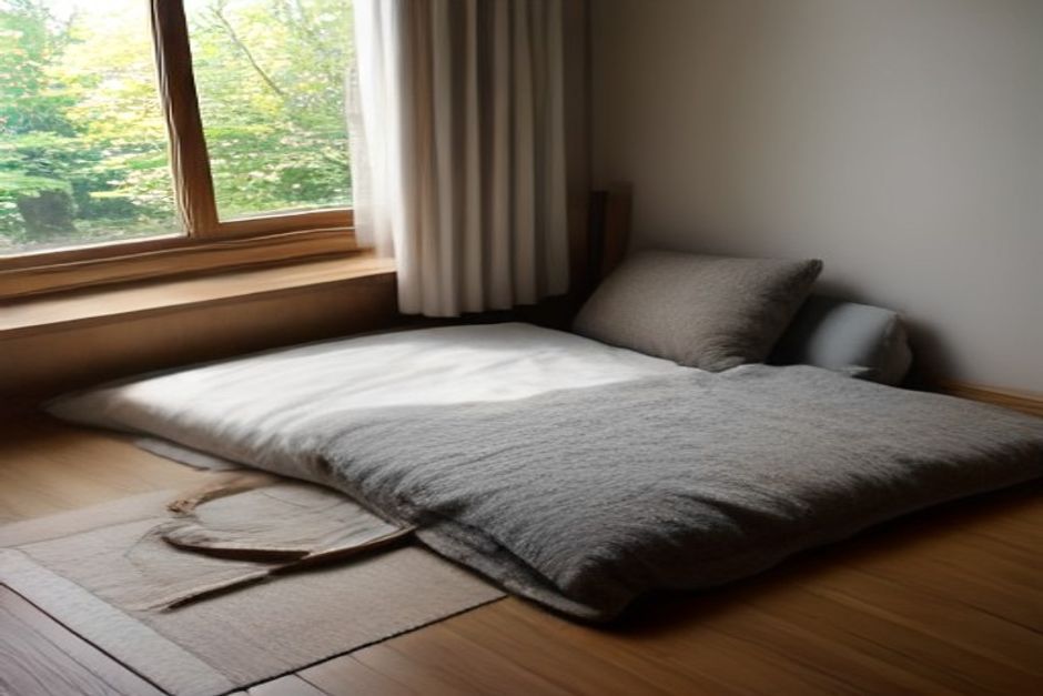 A folded blanket and cushion placed in the same quiet corner of a room, morning light marking the spot of a daily practice