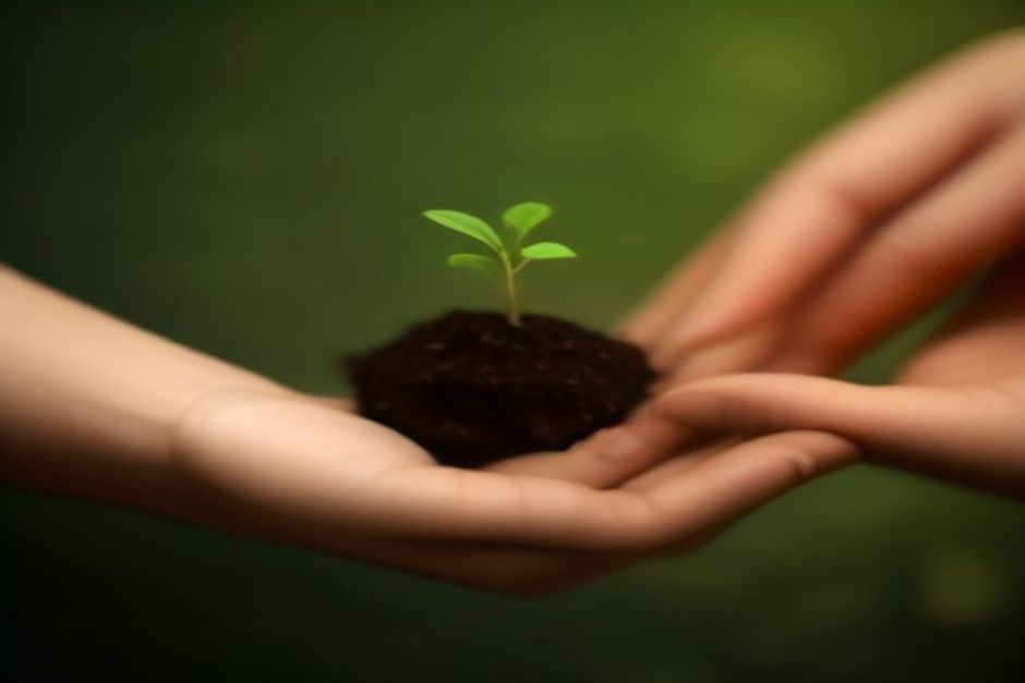 Two hands gently cupping a small green seedling in soft natural light, earth tones, shallow depth of field