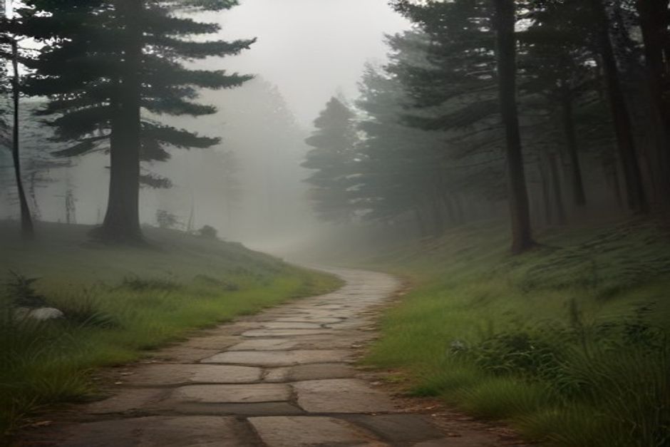 A worn stone path winding through mist toward distant hills, muted earth tones, early morning light