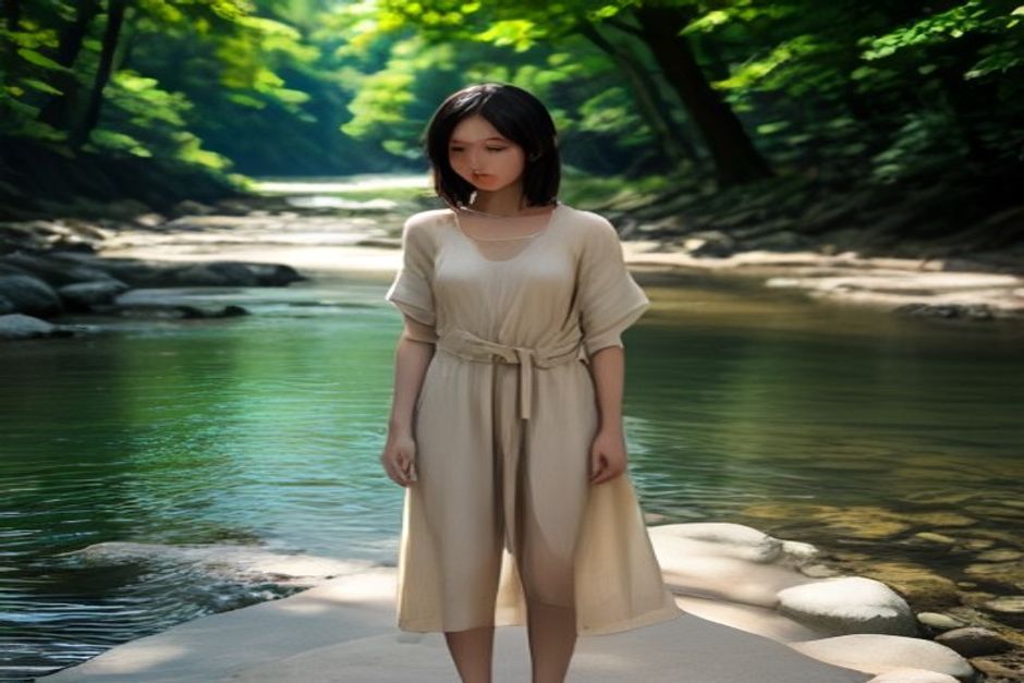 Bare feet standing grounded on a natural jute yoga mat beside a smooth river stone in warm afternoon light