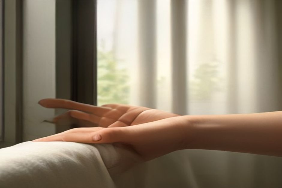 An open hand resting palm-up on a linen cloth in soft window light